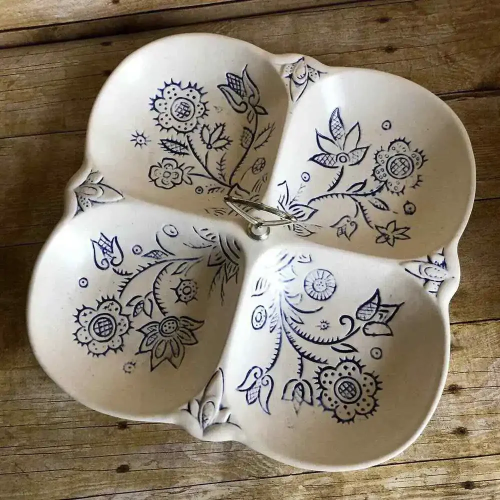 California Pottery Vintage White & Blue Floral Divided Serving Tray - Ceramic